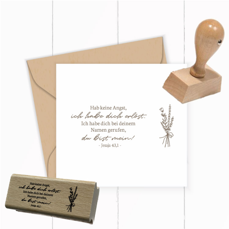 Motivstempel „Jesaja 43,1“ – Christlicher Holzstempel mit feinem Blumen-Zweig für Taufe & DIY