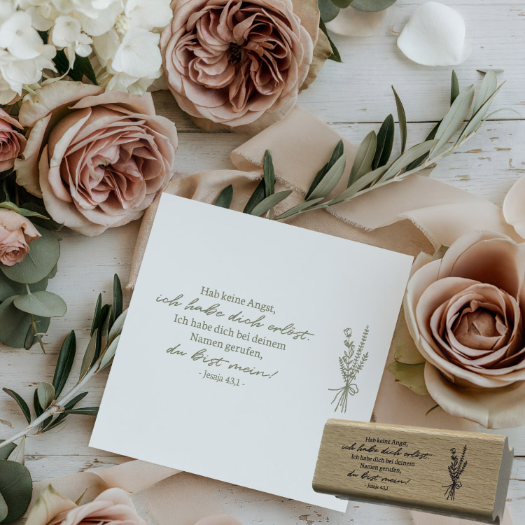 Motivstempel „Jesaja 43,1“ – Christlicher Holzstempel mit feinem Blumen-Zweig für Taufe & DIY