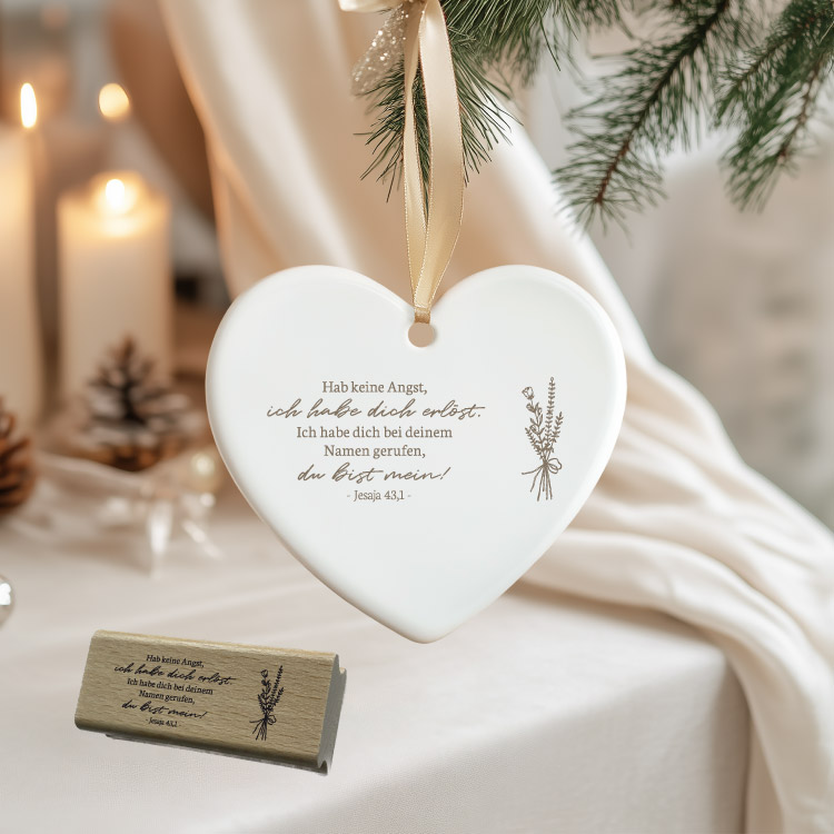Motivstempel „Jesaja 43,1“ – Christlicher Holzstempel mit feinem Blumen-Zweig für Taufe & DIY