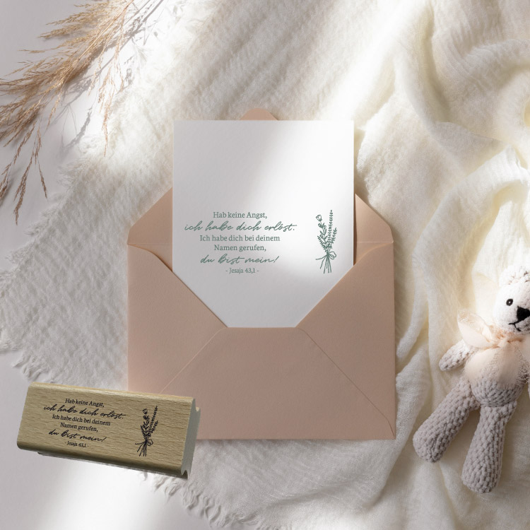 Motivstempel „Jesaja 43,1“ – Christlicher Holzstempel mit feinem Blumen-Zweig für Taufe & DIY
