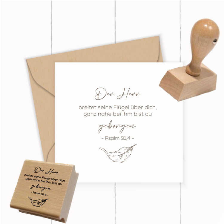 Motivstempel „Psalm 91,4“ – Christlicher Holzstempel mit Feder für Geborgenheit & DIY