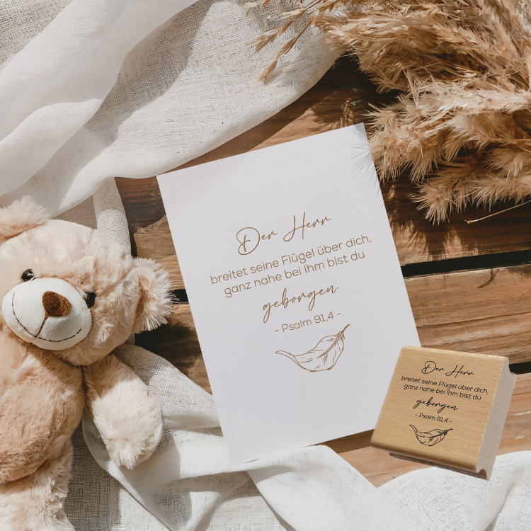 Motivstempel „Psalm 91,4“ – Christlicher Holzstempel mit Feder für Geborgenheit & DIY
