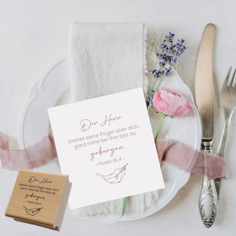 Motivstempel „Psalm 91,4“ – Christlicher Holzstempel mit Feder für Geborgenheit & DIY