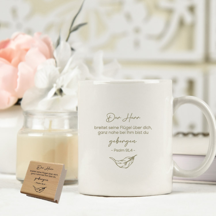 Motivstempel „Psalm 91,4“ – Christlicher Holzstempel mit Feder für Geborgenheit & DIY