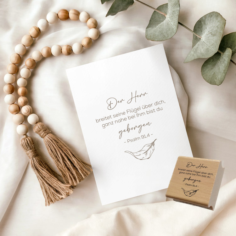 Motivstempel „Psalm 91,4“ – Christlicher Holzstempel mit Feder für Geborgenheit & DIY