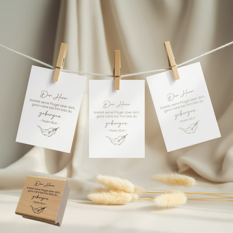 Motivstempel „Psalm 91,4“ – Christlicher Holzstempel mit Feder für Geborgenheit & DIY
