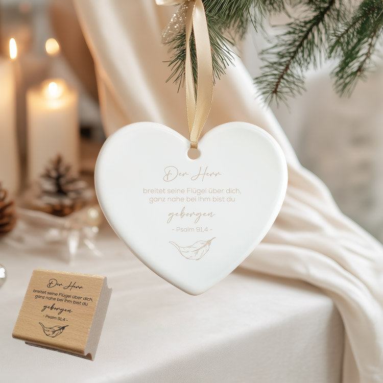 Motivstempel „Psalm 91,4“ – Christlicher Holzstempel mit Feder für Geborgenheit & DIY