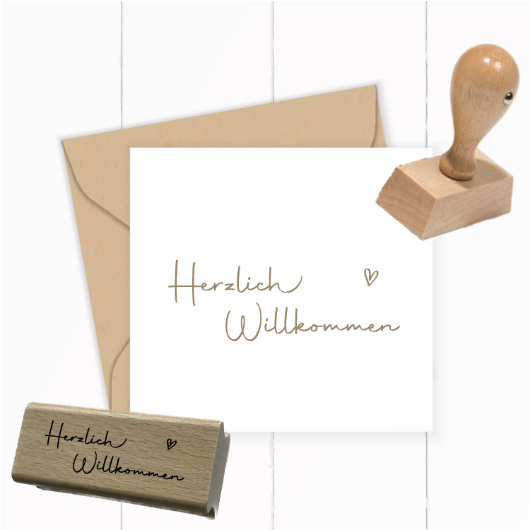 Motivstempel „Herzlich Willkommen“ – Eleganter Schriftzug-Holzstempel mit Herz für Feste, Gäste & DIY - ST0754