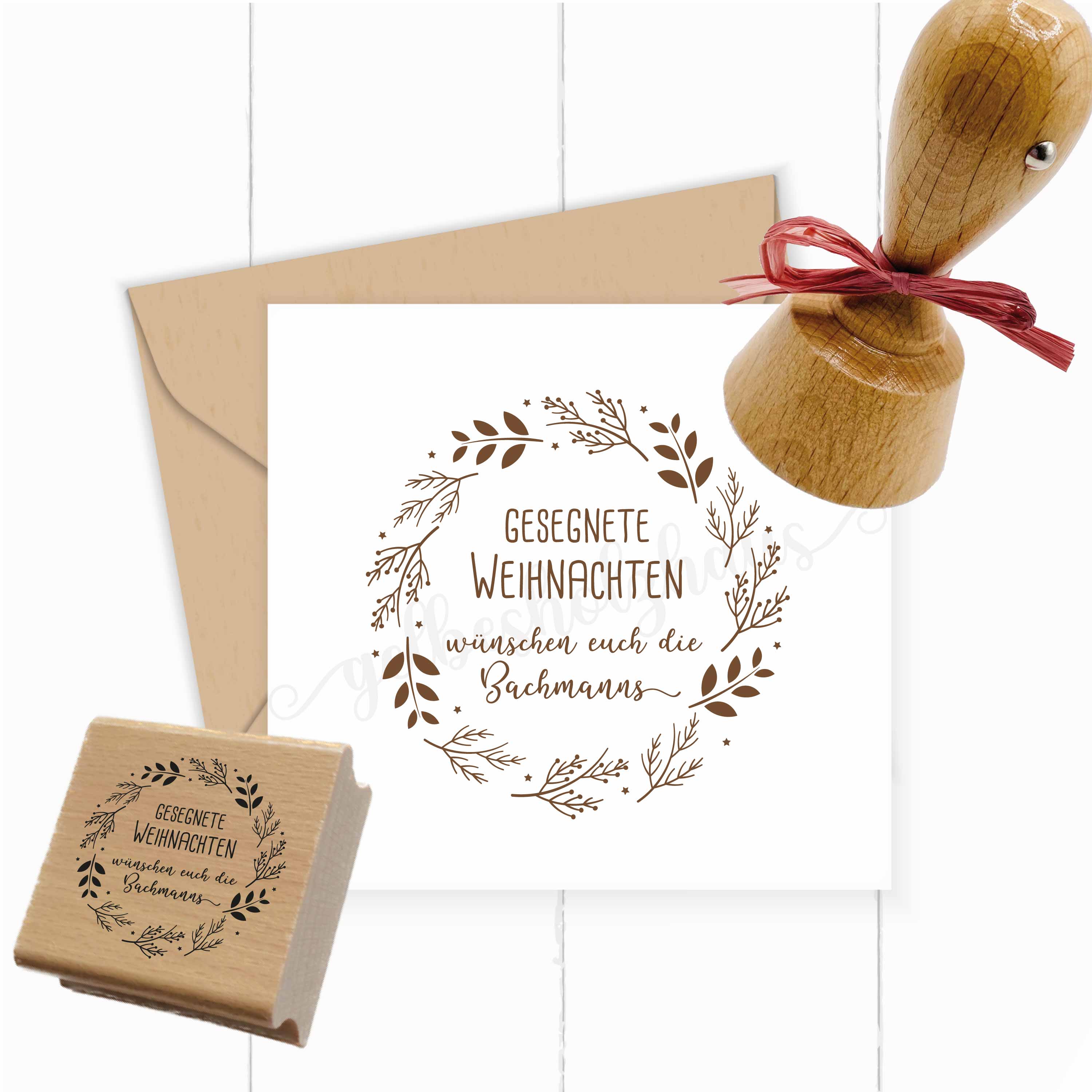 Dein Familien-Weihnachtsstempel mit edlem Kranz | 4 - 10 cm "Bachmann"
