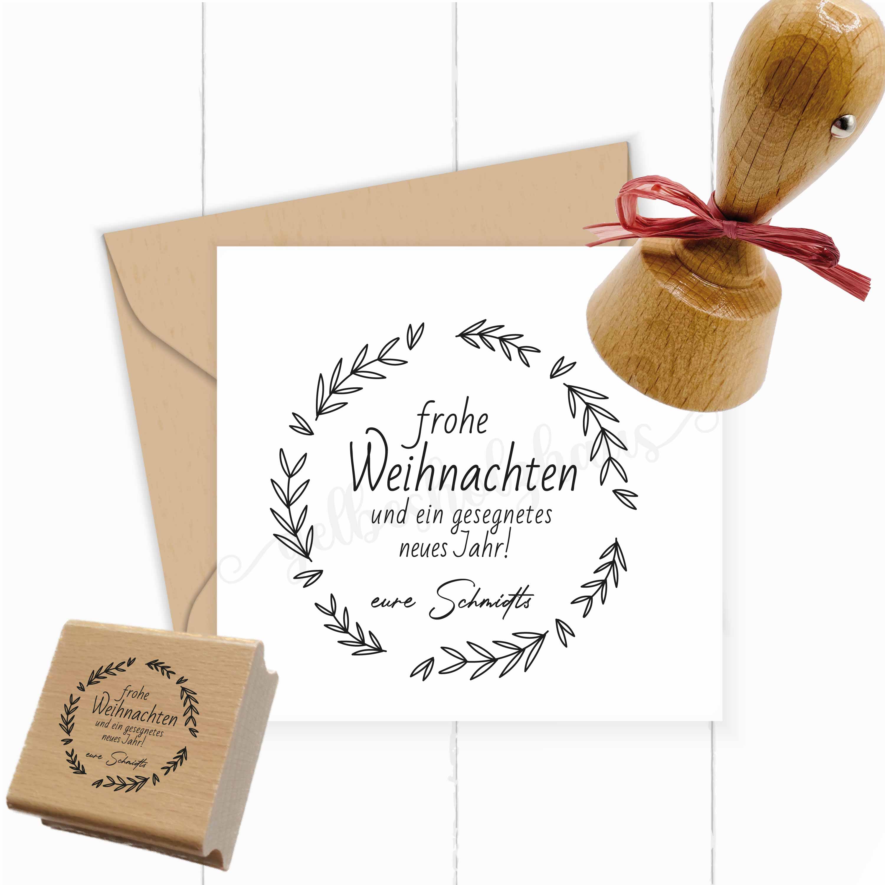 Dein Weihnachtsstempel mit Blätterkranz & Name | 4 - 10 cm "Schmidt" - ST0759