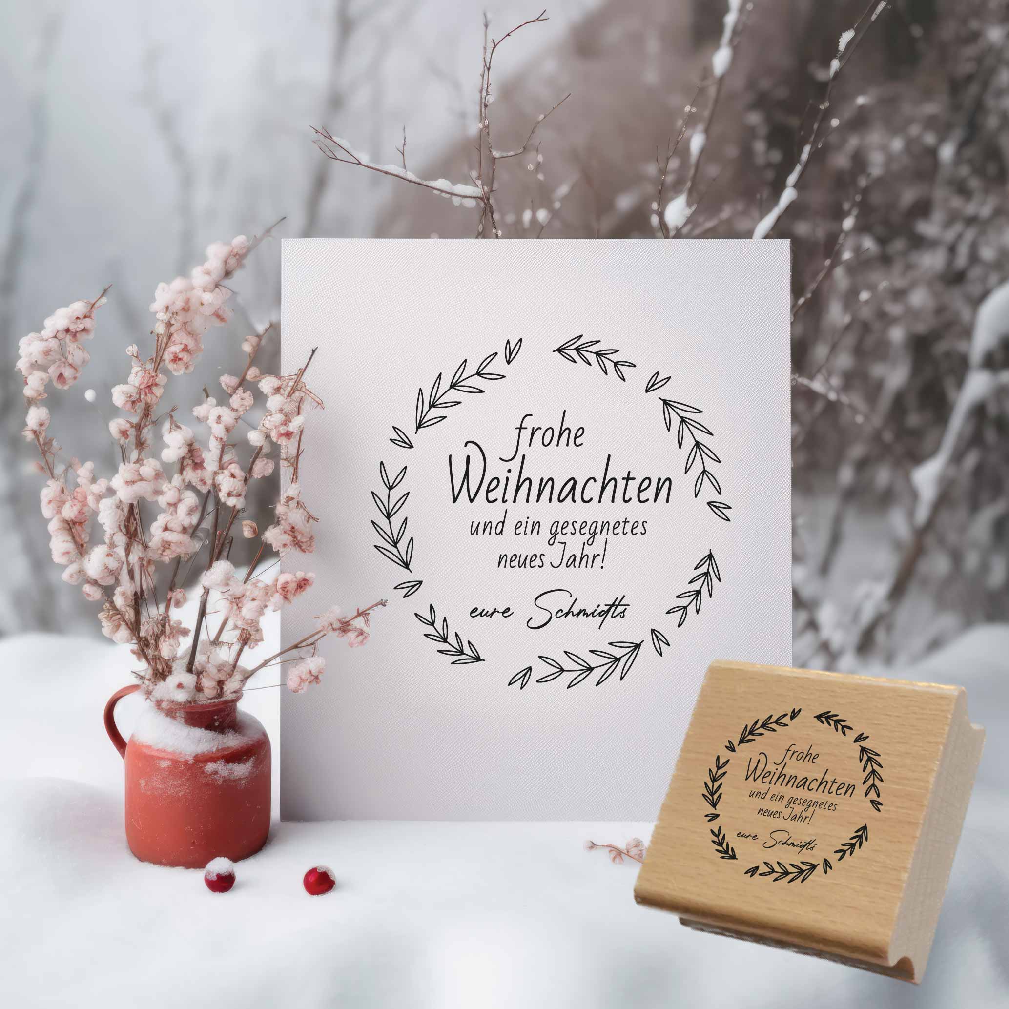 Dein Weihnachtsstempel mit Blätterkranz & Name | 4 - 10 cm "Schmidt"