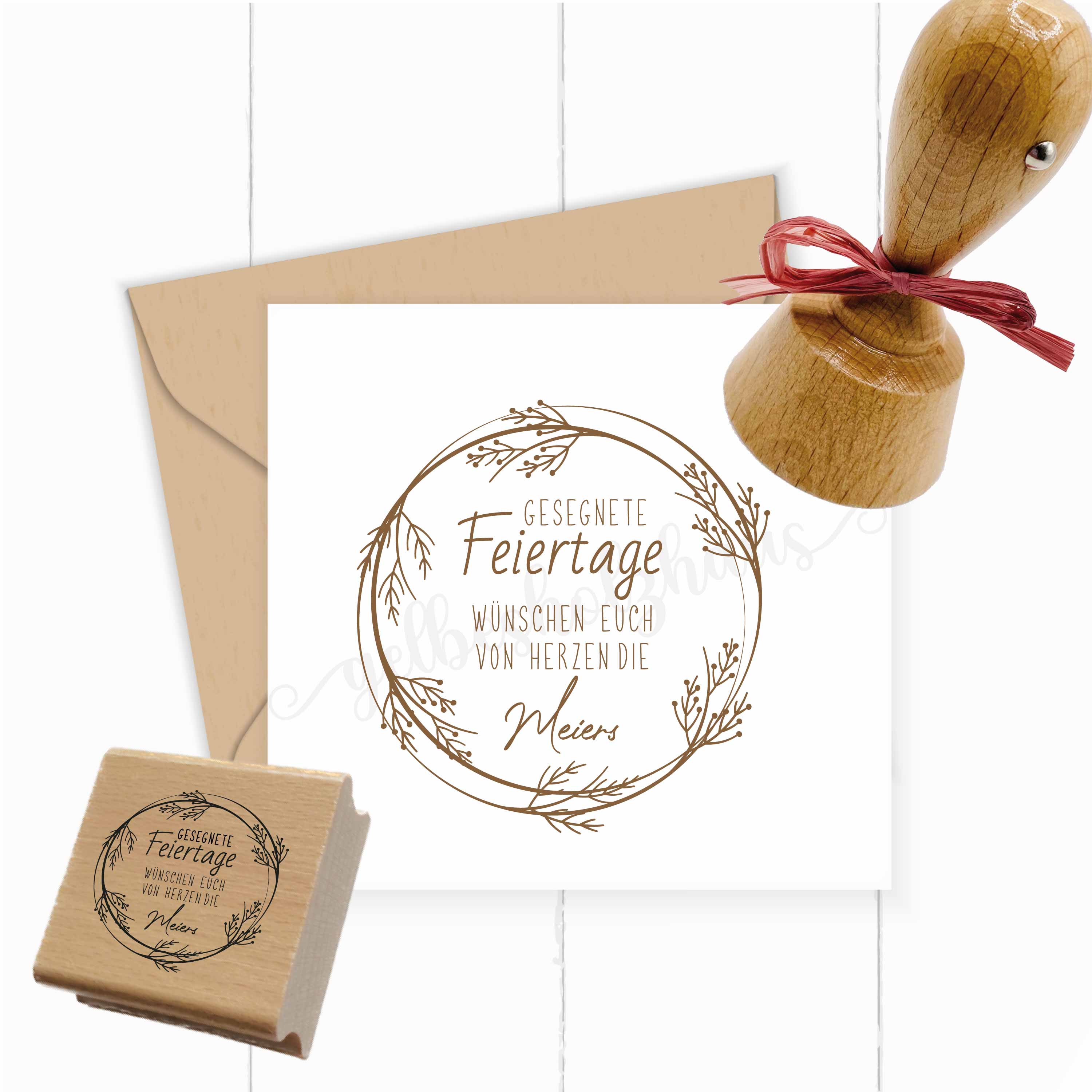 Personalisierter Feiertagsstempel mit feinem Astkranz | 4 - 10 cm "Meier" - ST0760