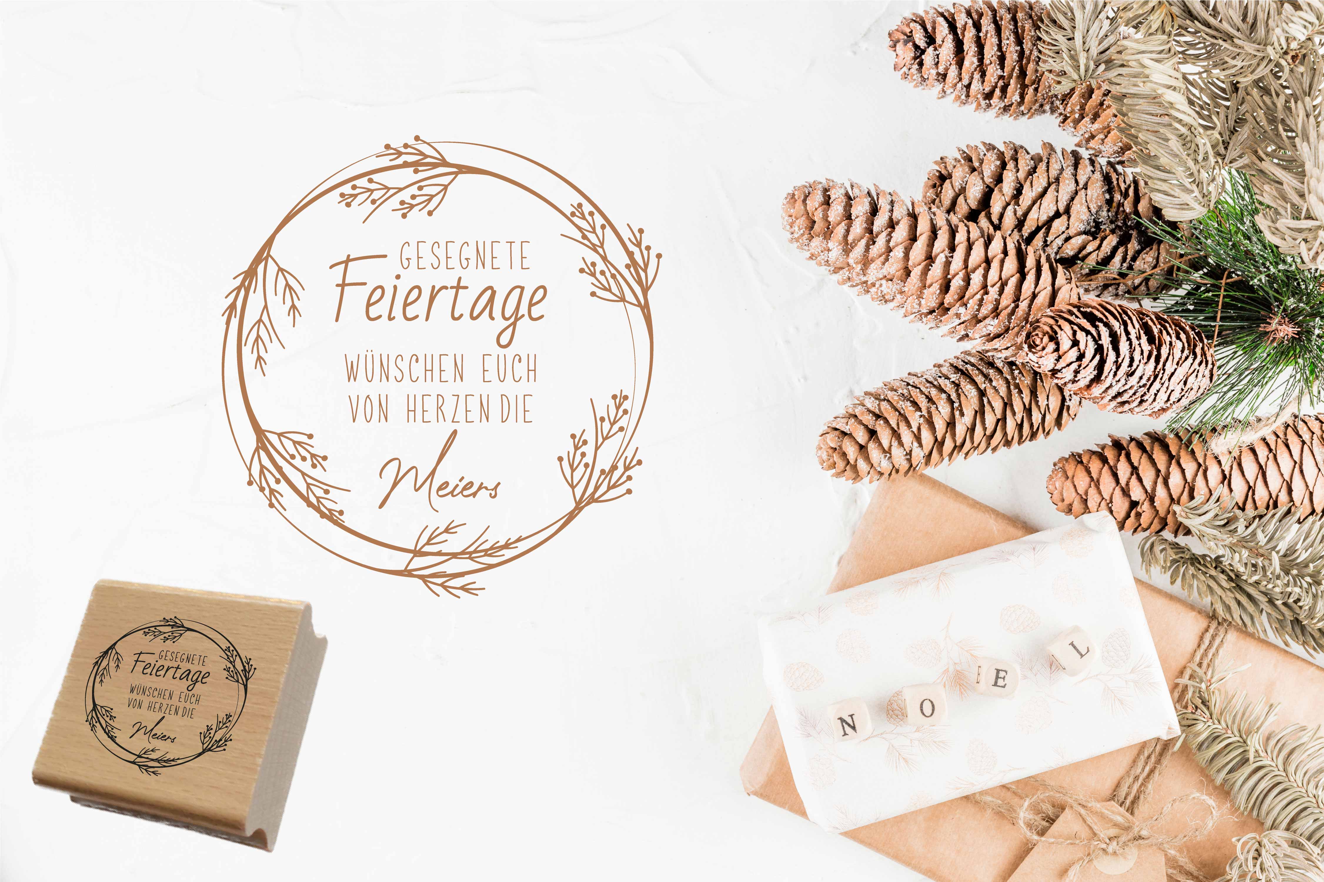 Personalisierter Feiertagsstempel mit feinem Astkranz | 4 - 10 cm "Meier"