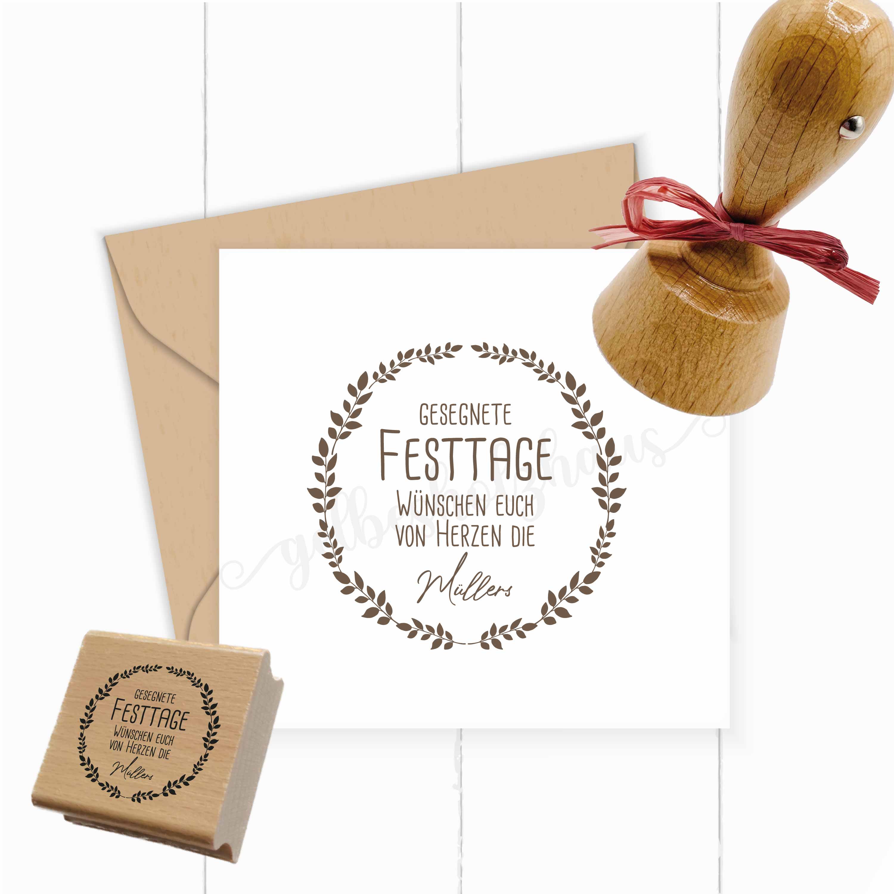 Personalisierter Festtagsstempel mit elegantem Blätterkranz | 4 - 10 cm "Müller"