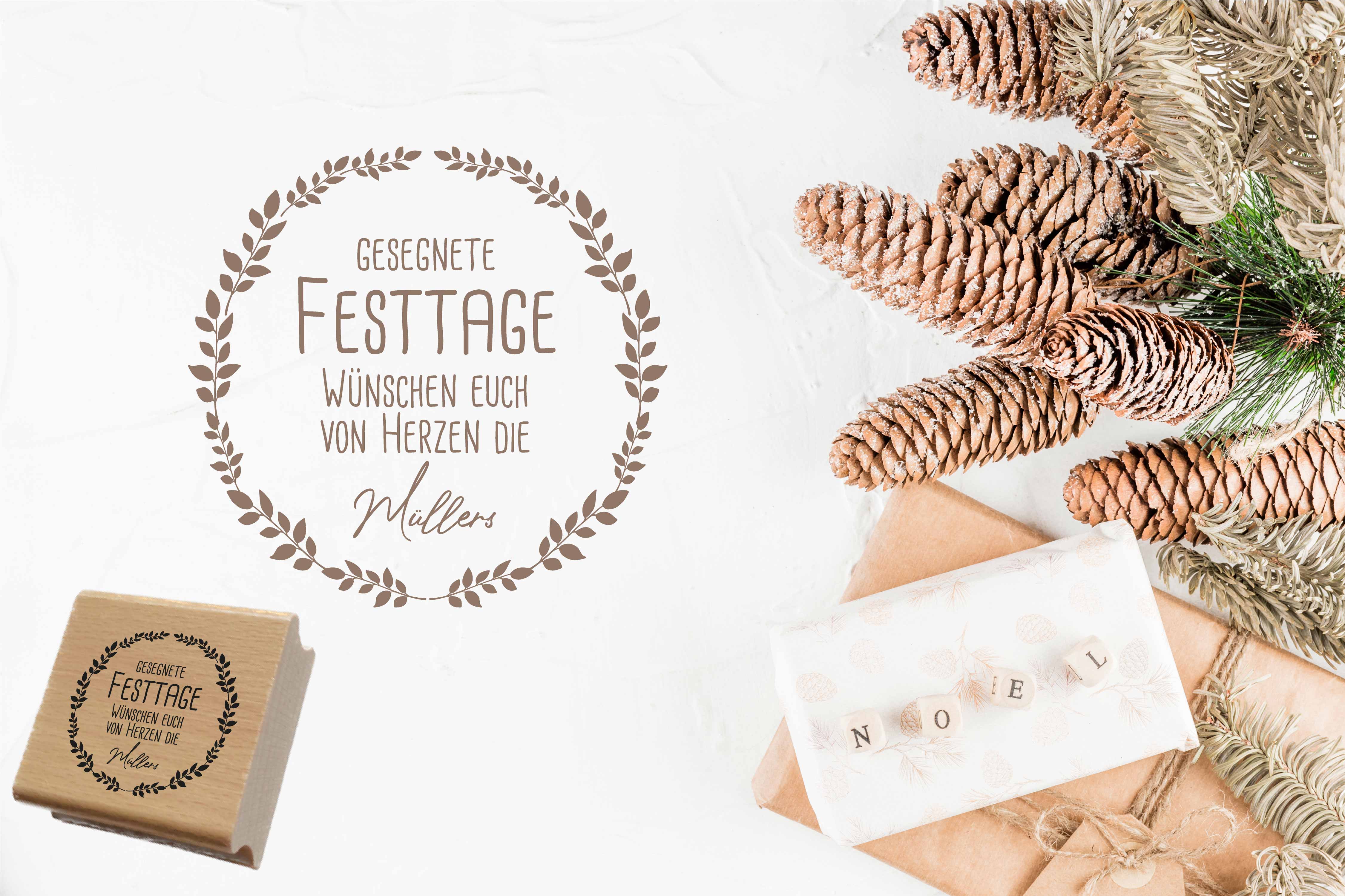 Personalisierter Festtagsstempel mit elegantem Blätterkranz | 4 - 10 cm "Müller"