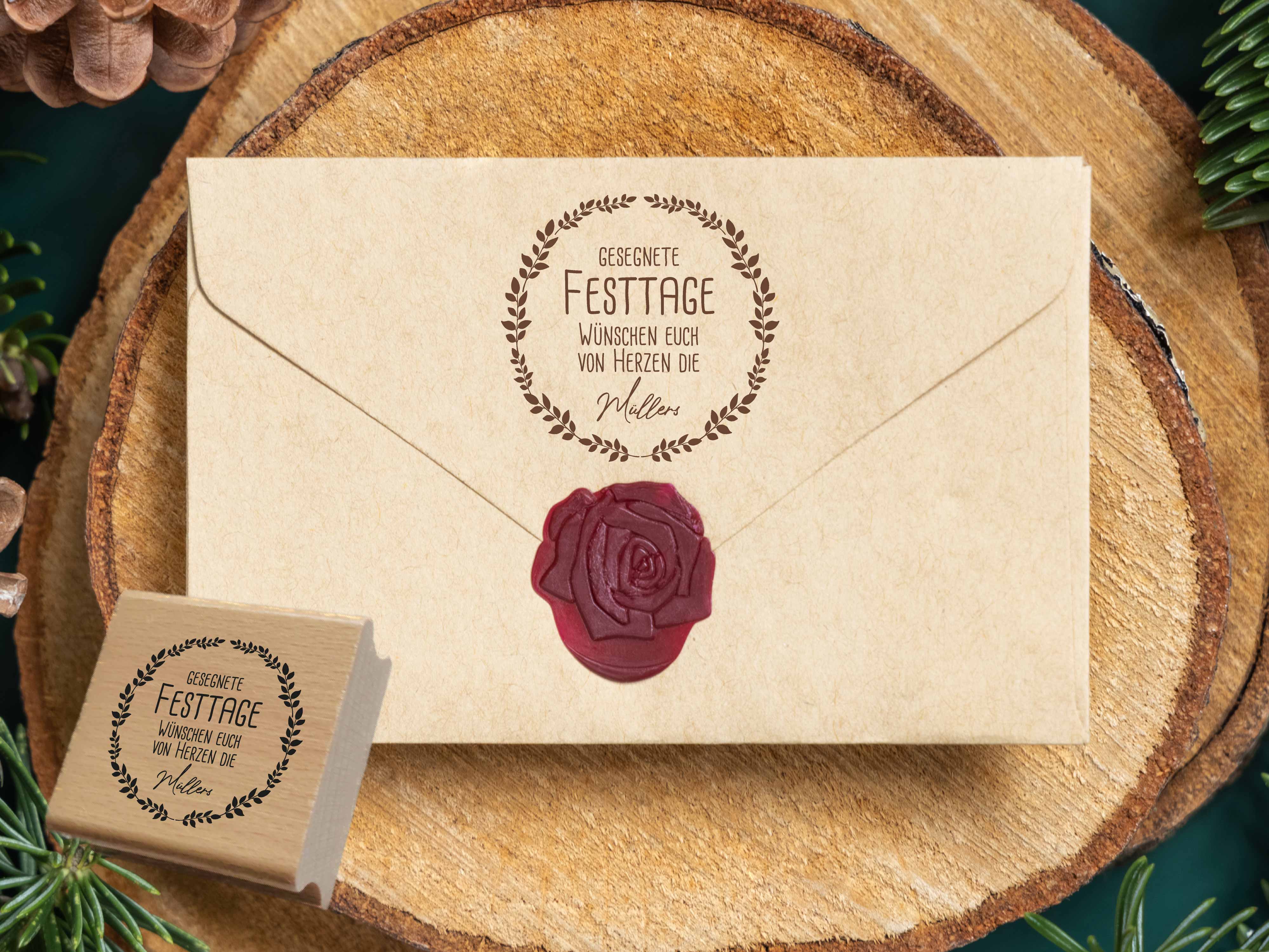 Personalisierter Festtagsstempel mit elegantem Blätterkranz | 4 - 10 cm "Müller"