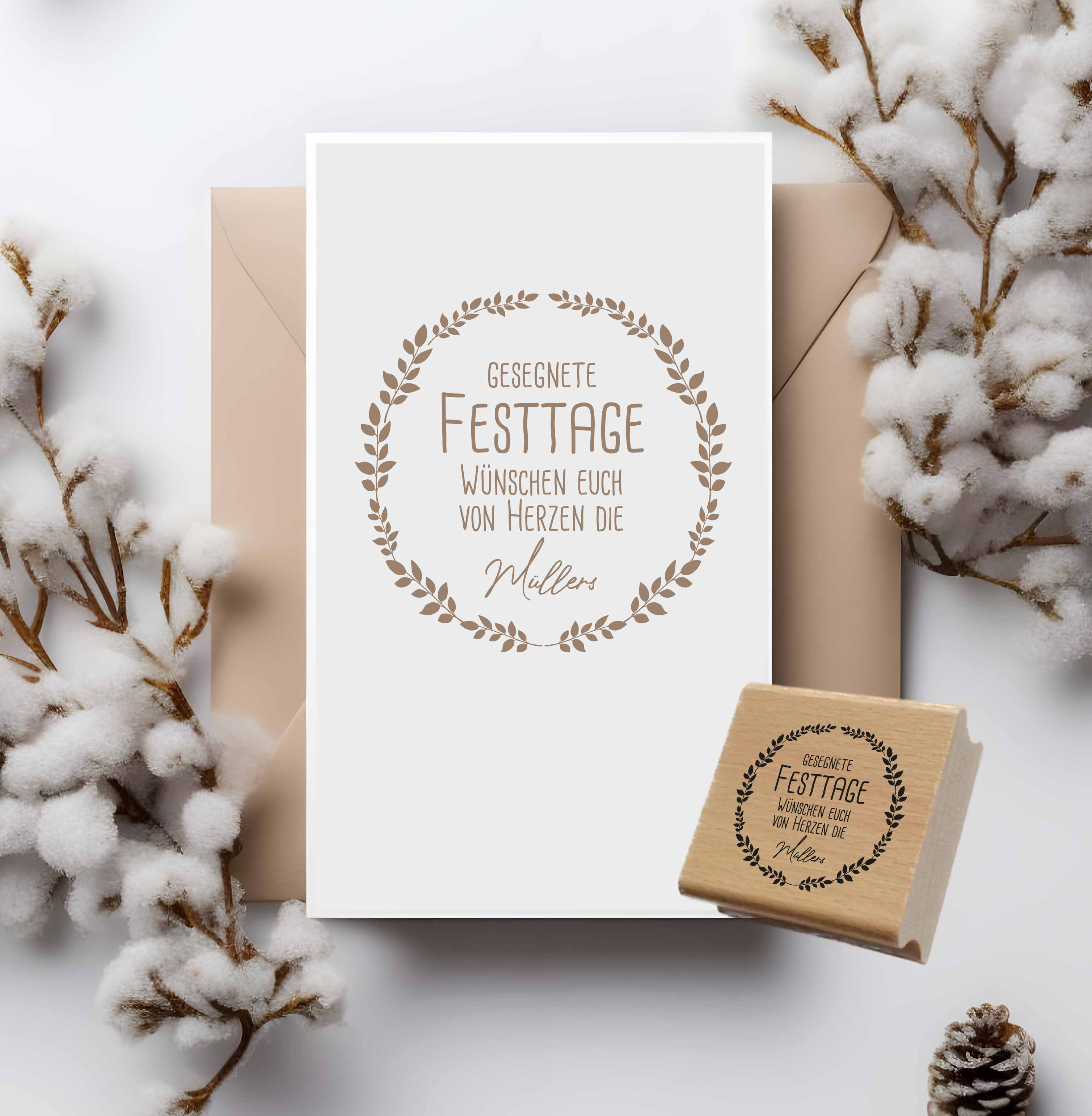 Personalisierter Festtagsstempel mit elegantem Blätterkranz | 4 - 10 cm "Müller"