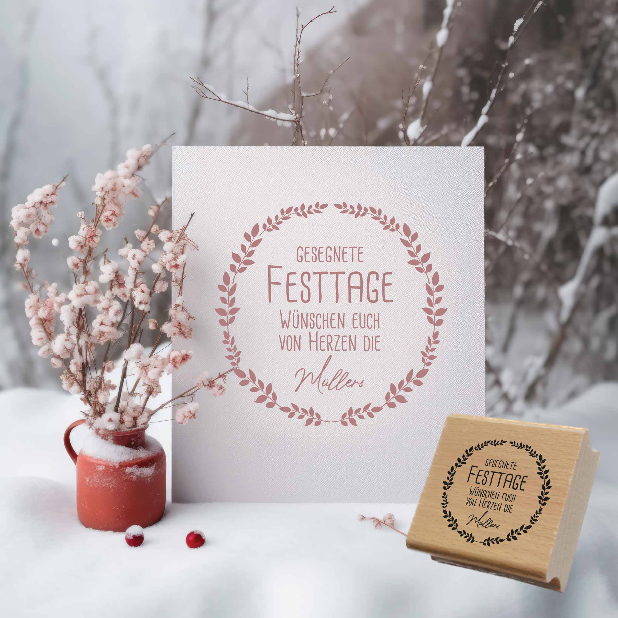 Personalisierter Festtagsstempel mit elegantem Blätterkranz | 4 - 10 cm "Müller"