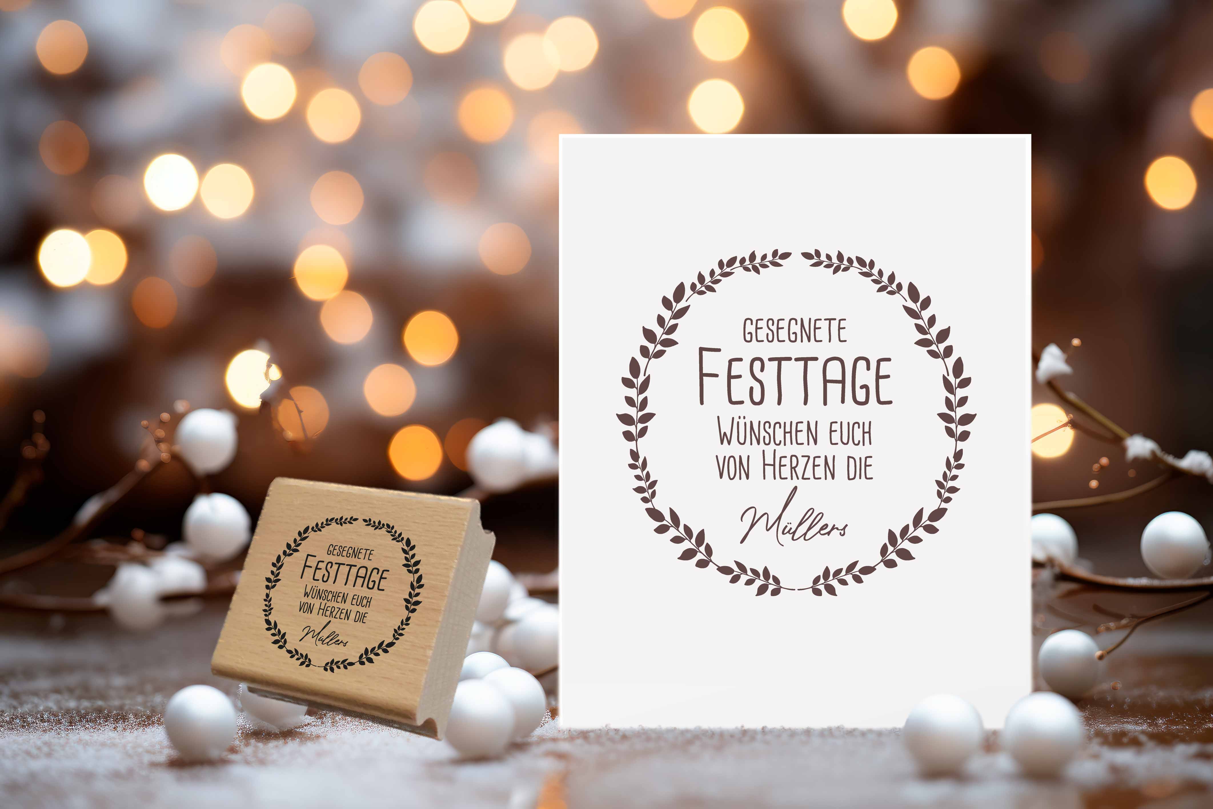 Personalisierter Festtagsstempel mit elegantem Blätterkranz | 4 - 10 cm "Müller"