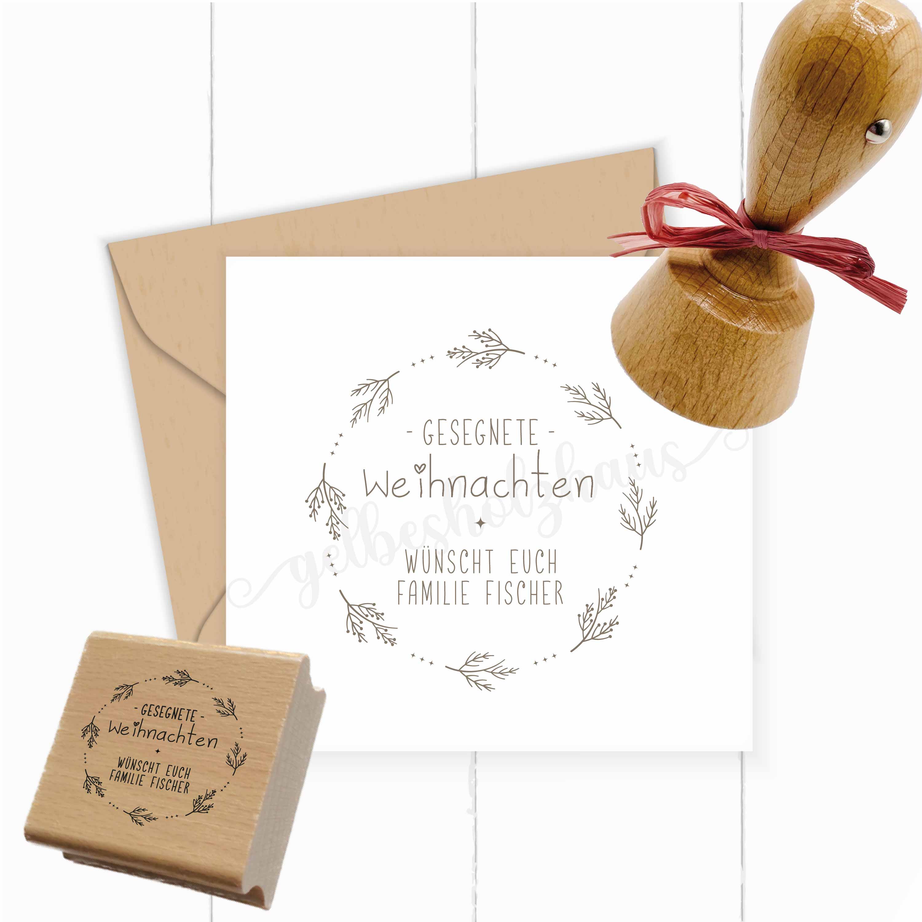 Personalisierter Weihnachtsstempel mit feinem Tannenkranz | 4 - 10 cm "Fischer" - ST0762