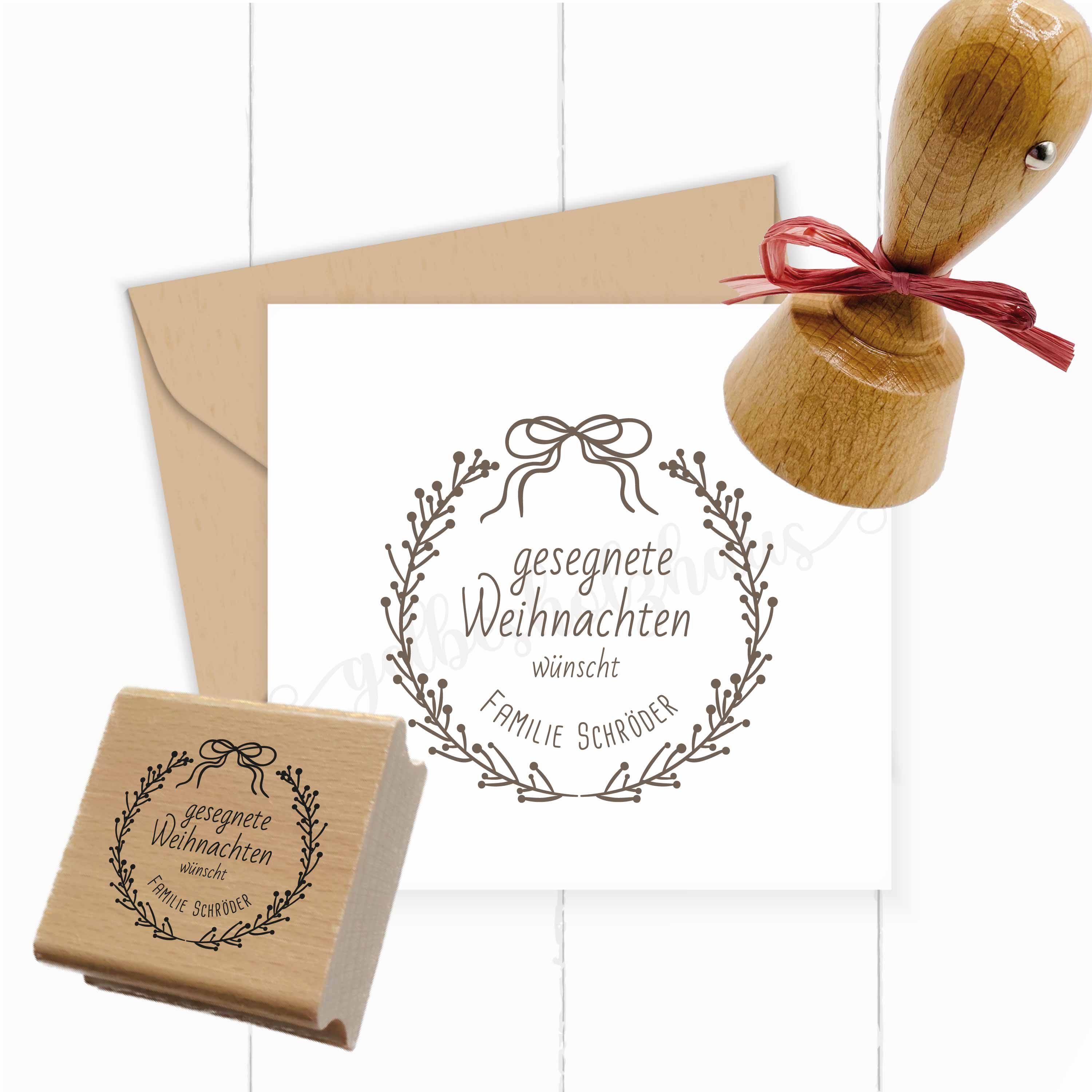 Personalisierter Weihnachtsstempel mit Schleifenkranz | 4 - 10 cm "Schröder"