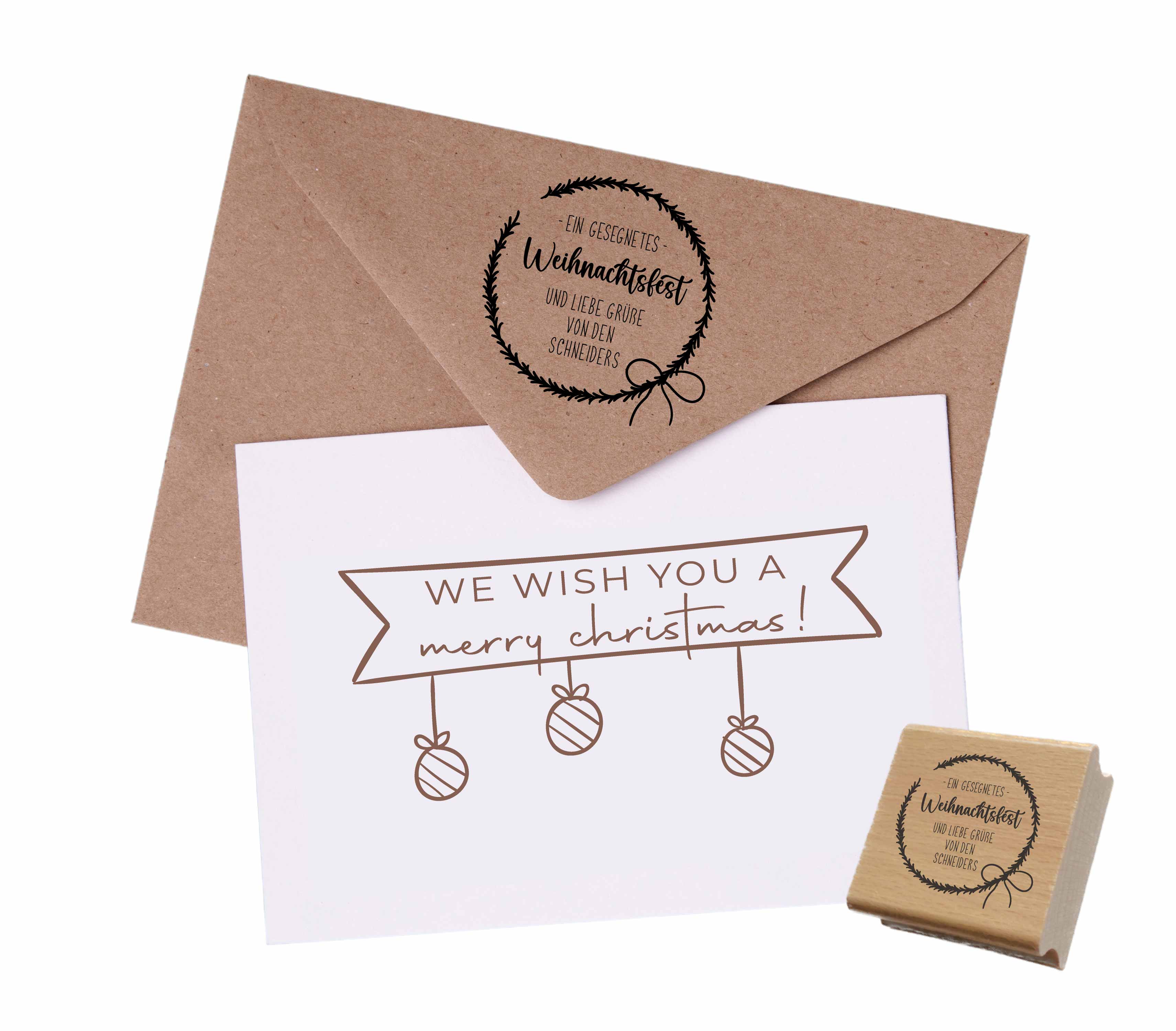 Personalisierter Weihnachtsstempel mit Schleifchen-Zweigkranz | 4 - 10 cm "Schneider"