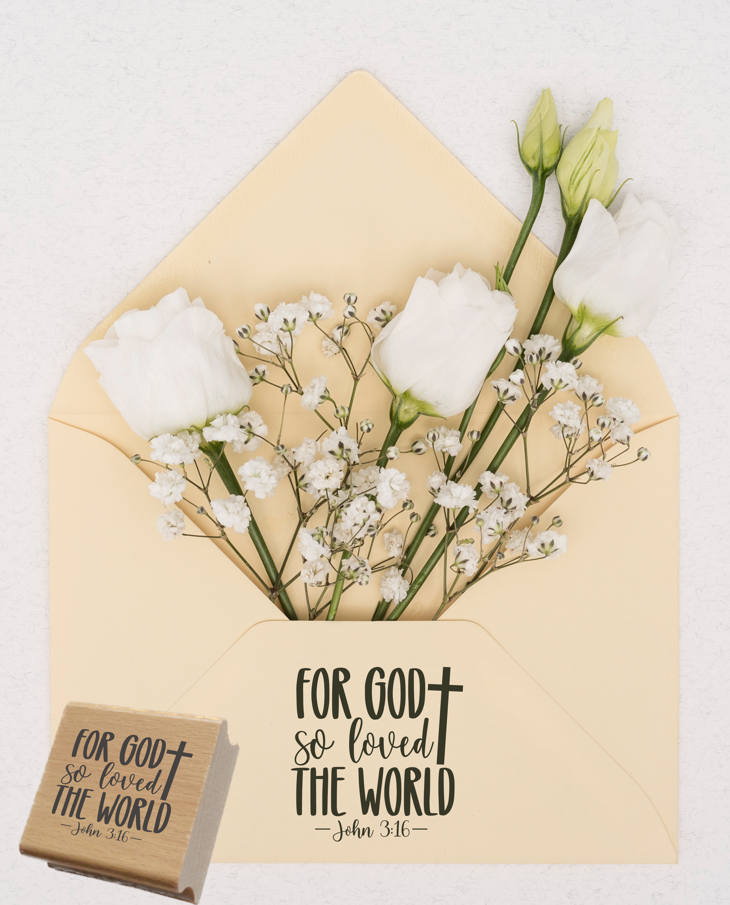 Bibelvers-Stempel „For God so loved the world - John 3:16“