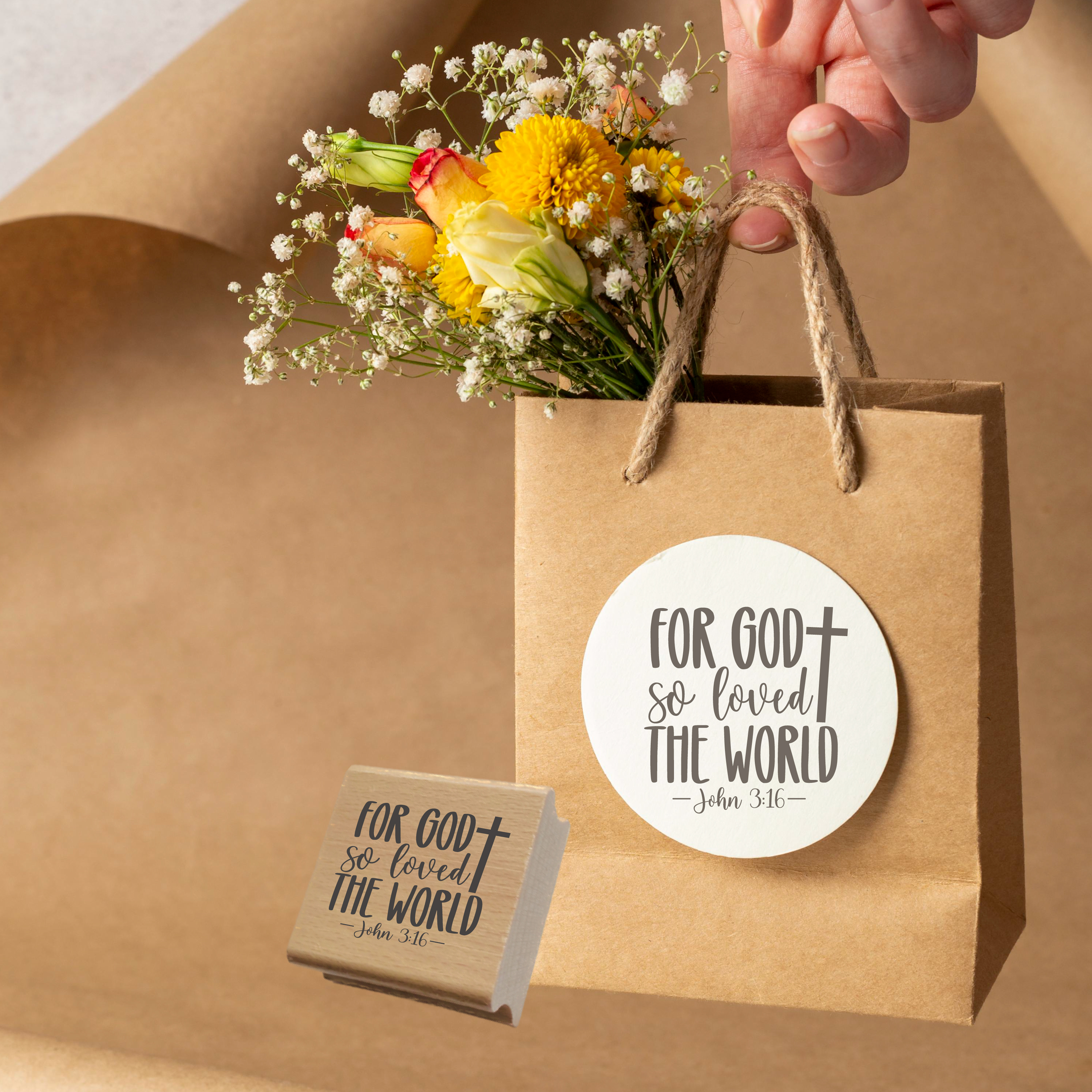 Bibelvers-Stempel „For God so loved the world - John 3:16“