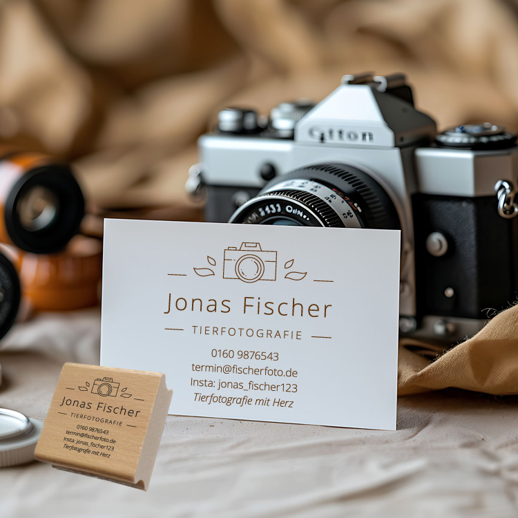 Personalisierter Fotografen Stempel mit Kamera-Logo "Jonas"