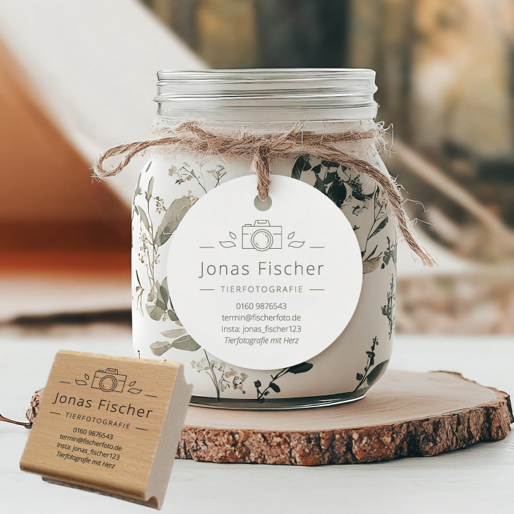 Personalisierter Fotografen Stempel mit Kamera-Logo "Jonas"