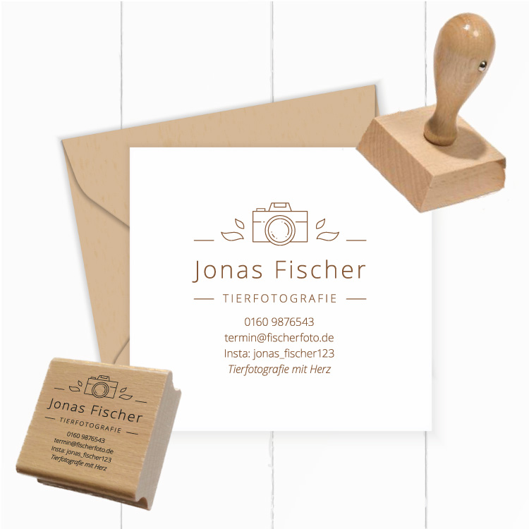 Personalisierter Fotografen Stempel mit Kamera-Logo "Jonas"