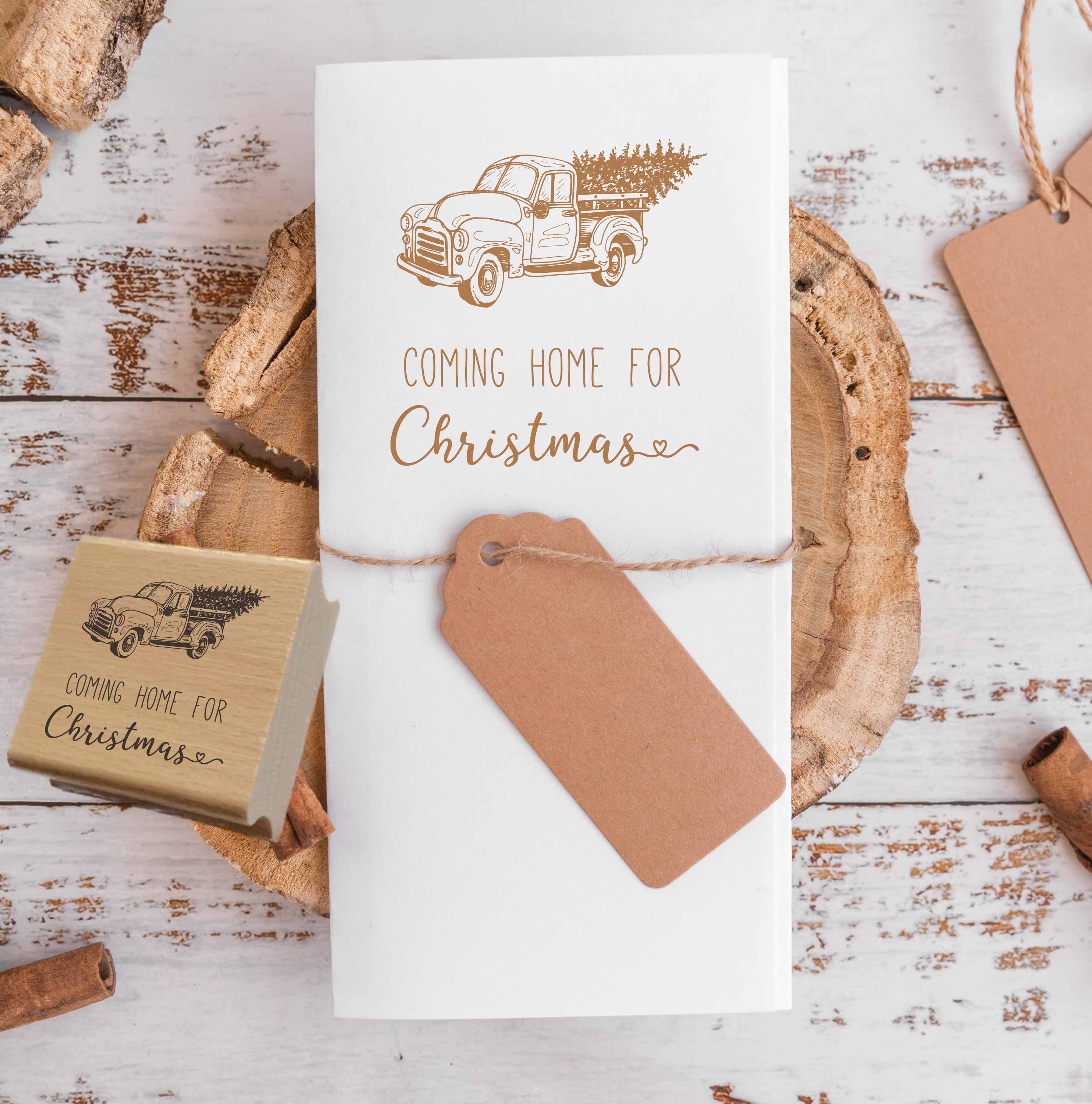 Weihnachtsstempel „Coming Home for Christmas“ mit Vintage-Truck