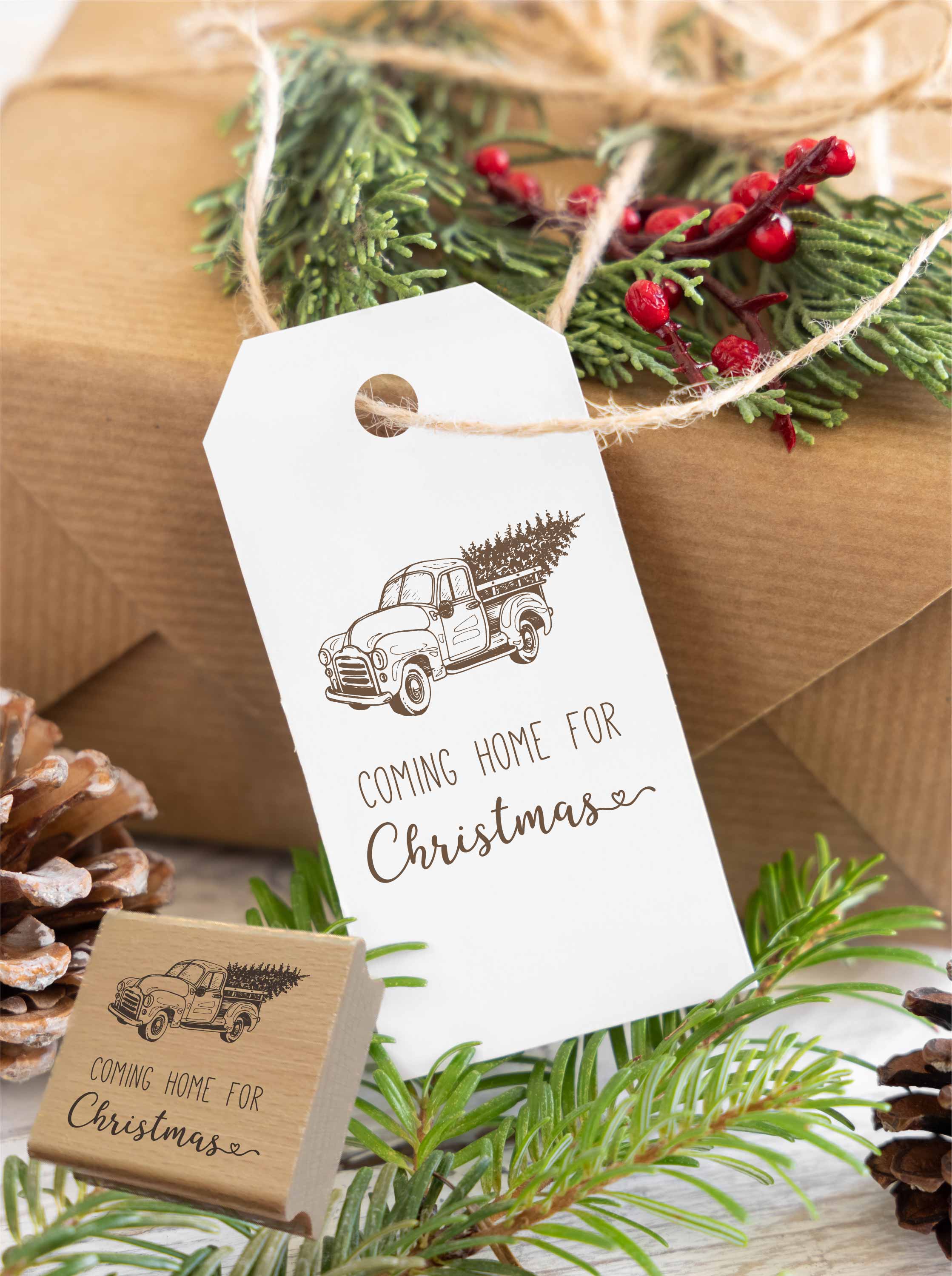 Weihnachtsstempel „Coming Home for Christmas“ mit Vintage-Truck