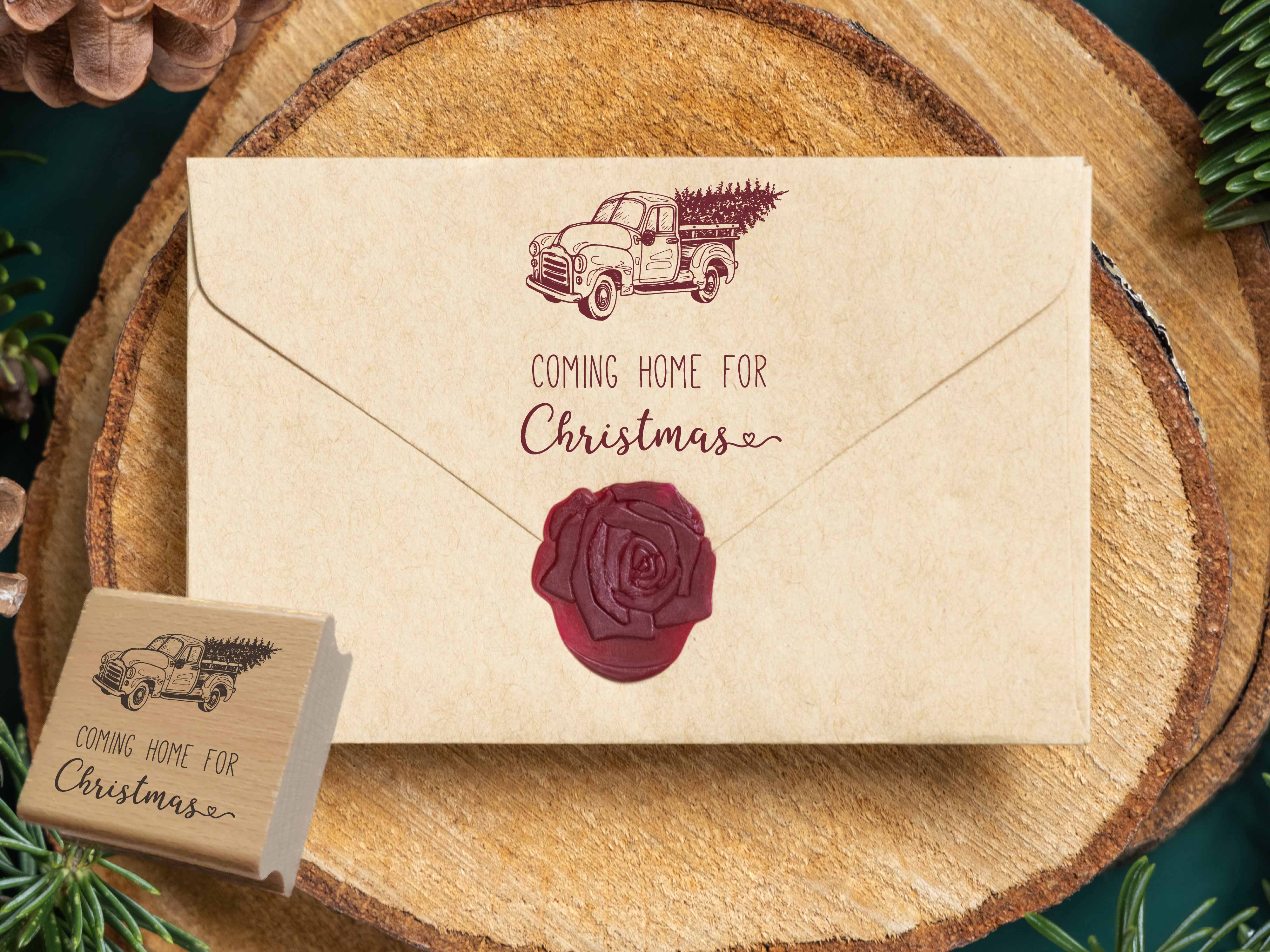 Weihnachtsstempel „Coming Home for Christmas“ mit Vintage-Truck