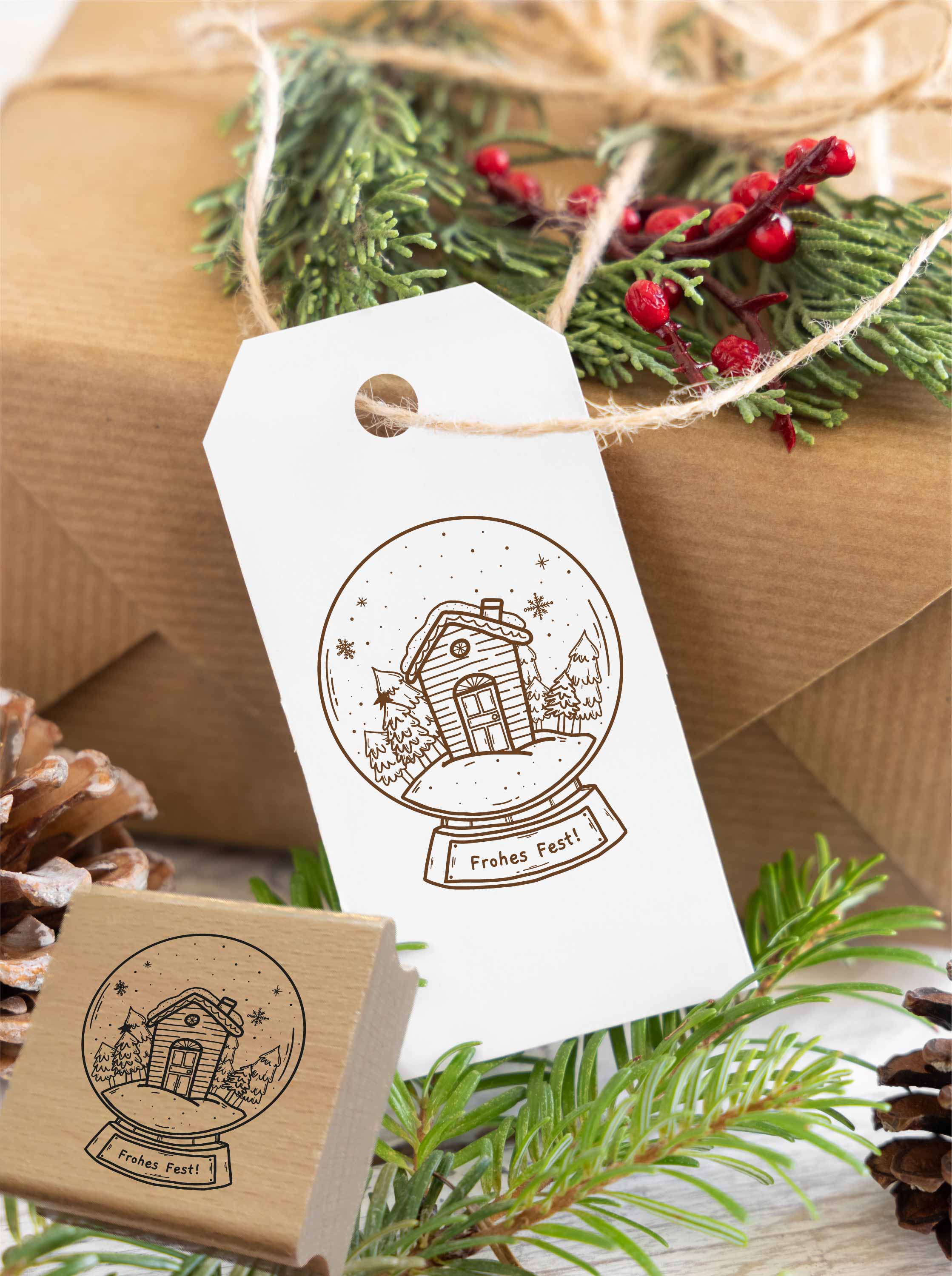 Weihnachtsstempel „Frohes Fest“ Schneekugel