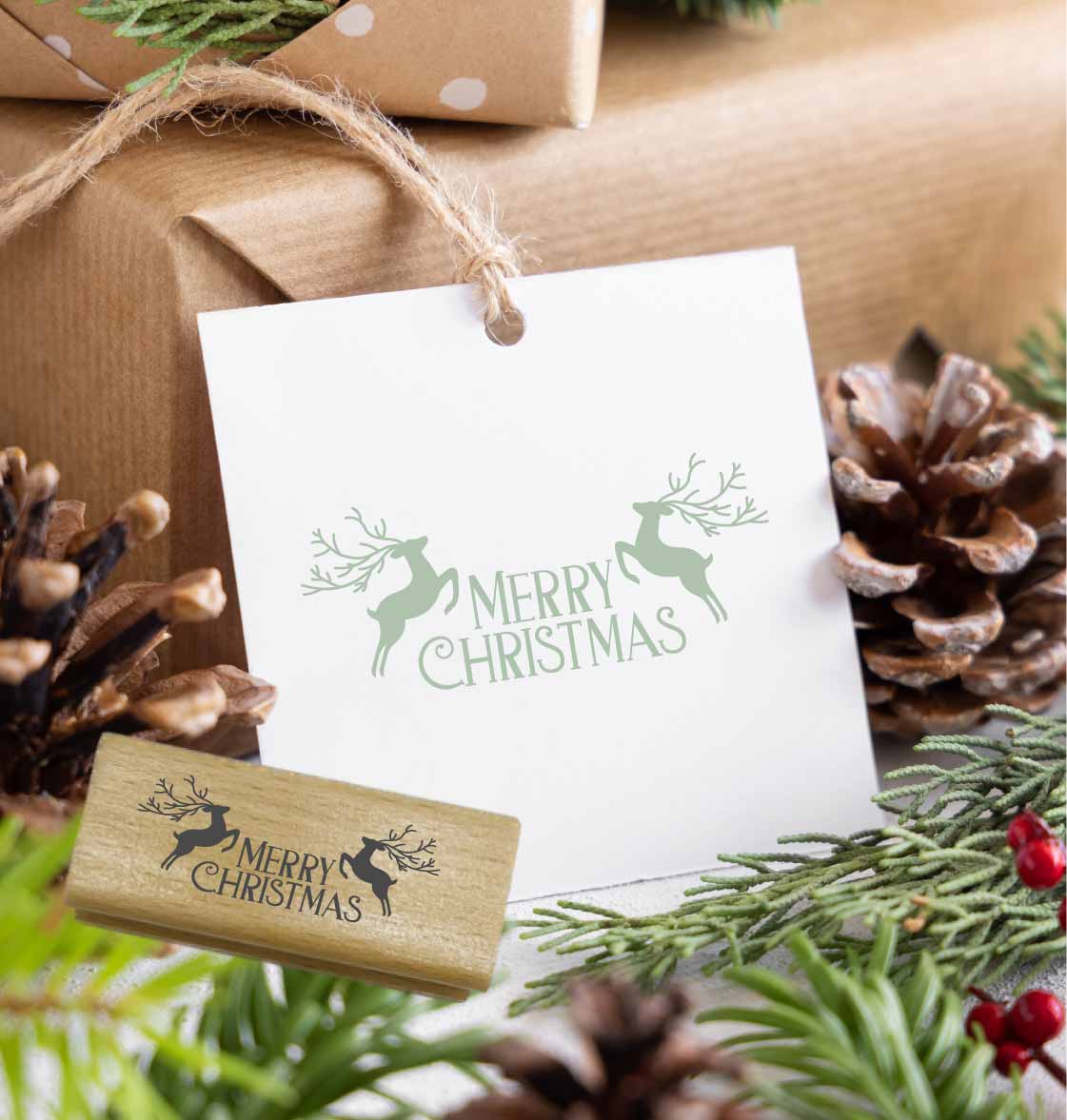 Weihnachtsstempel „Merry Christmas“ mit Hirschen