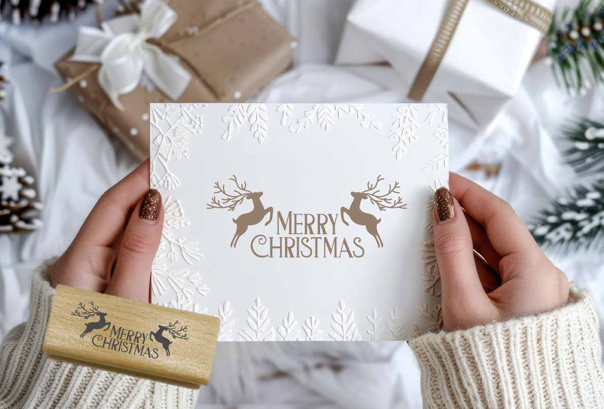 Weihnachtsstempel „Merry Christmas“ mit Hirschen