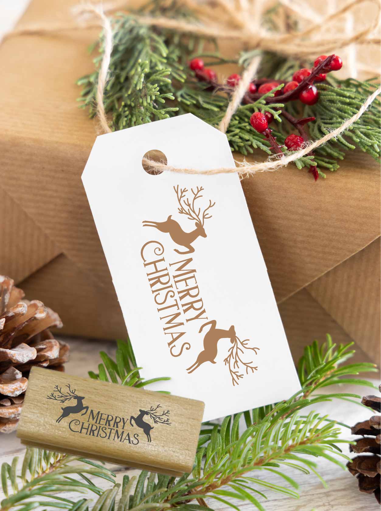 Weihnachtsstempel „Merry Christmas“ mit Hirschen
