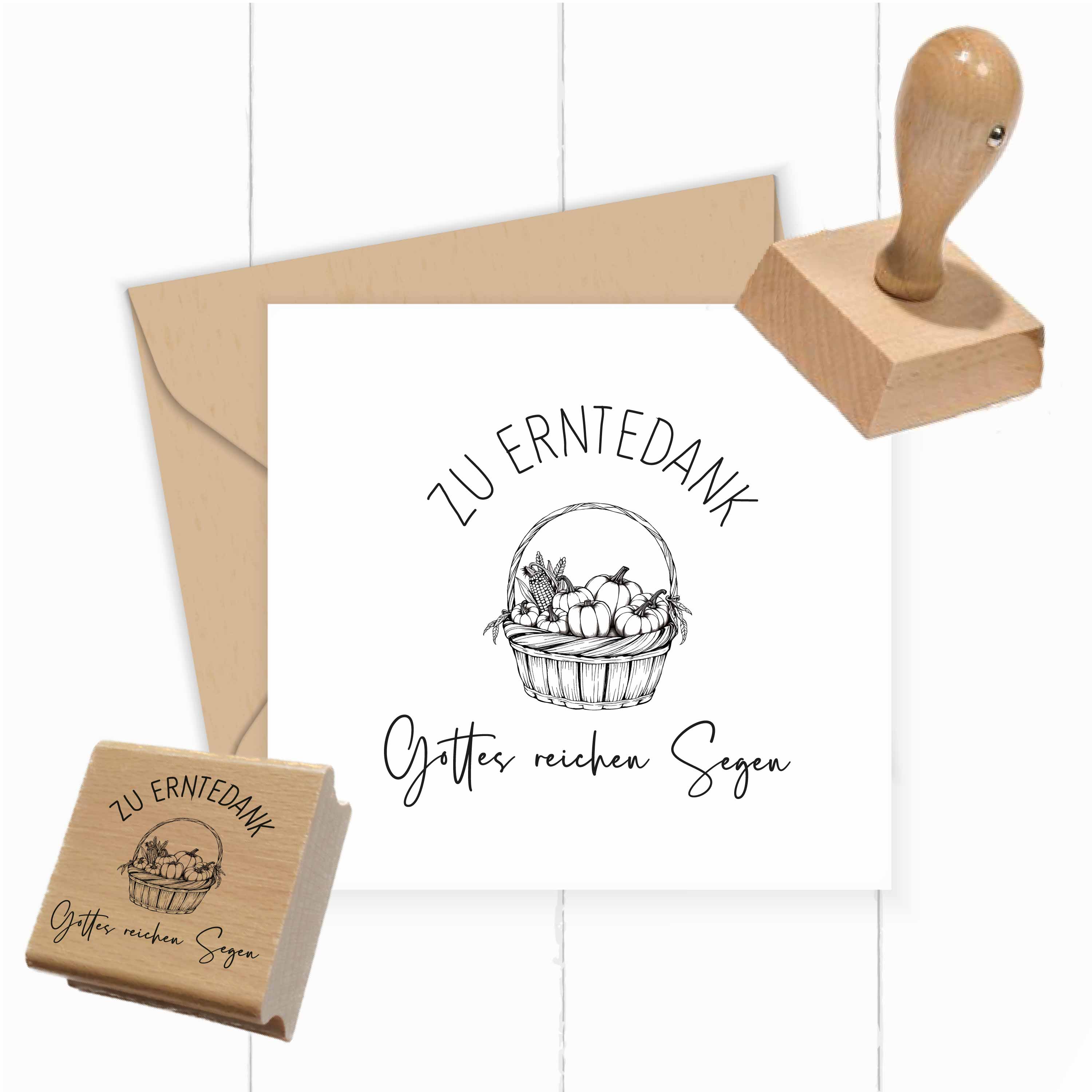 Erntedank Stempel „Gottes reichen Segen“ mit Erntekorb | 4–10 cm